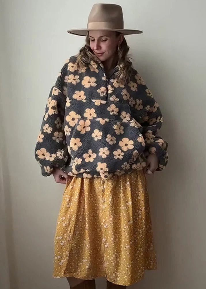 Floral Sherpa Half-Zip Pullover Jacket – Cozy Oversized Fleece Top