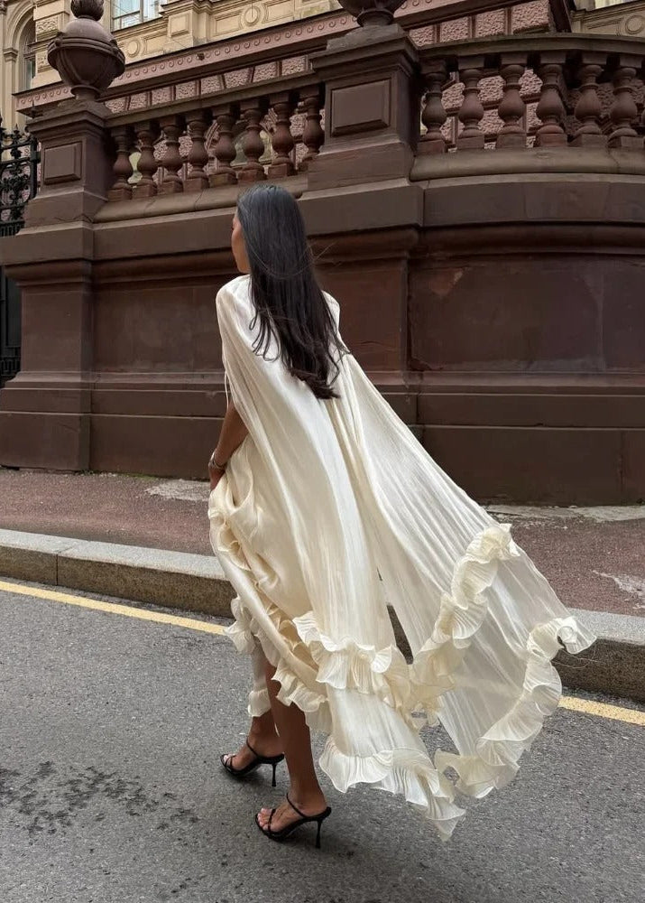 Celestine Ruffle Cape Maxi Dress – Sheer Layered Flowy Elegant Evening Dress