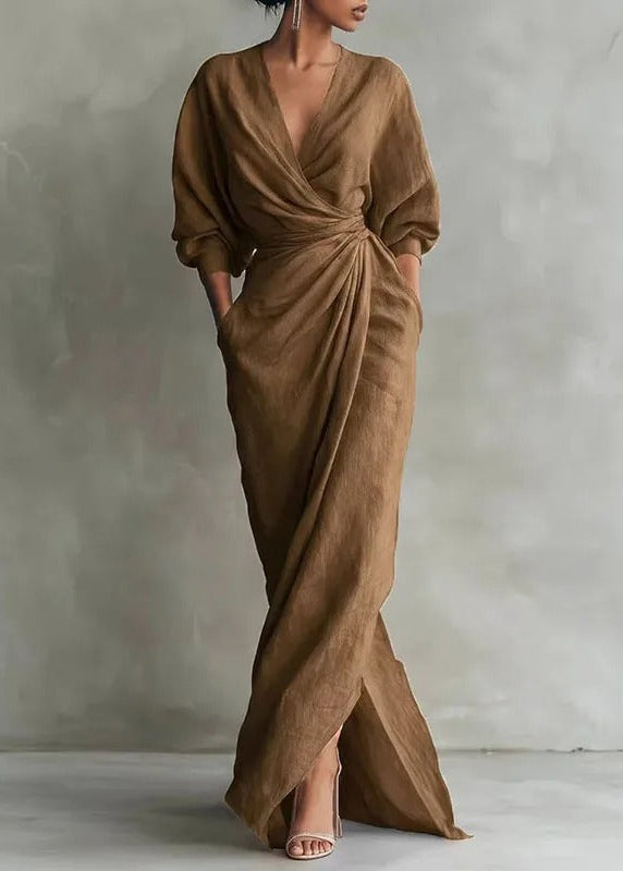 Blush Linen Wrap Maxi Dress – Long Sleeve Elegant Summer Dress