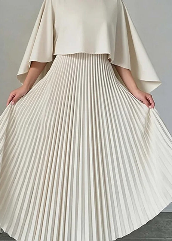 Aurelia Pleated Cape Maxi Dress – Elegant Flowing Evening Gown with Draped Overlay