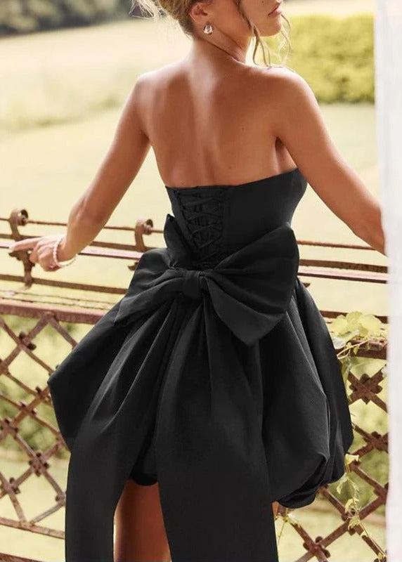 Blush Bow Corset Mini Dress – Strapless Bubble Hem Party Dress