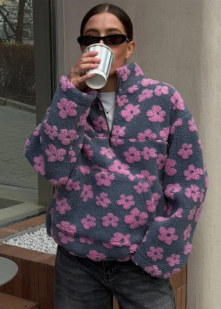 Floral Sherpa Half-Zip Pullover Jacket – Cozy Oversized Fleece Top