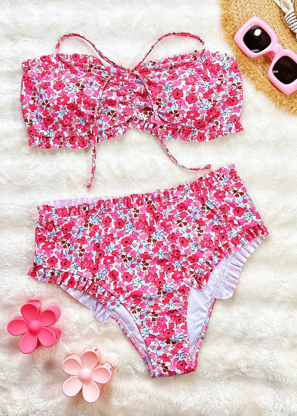 Floral Ruffle Bikini Set – Strapless Ruched Bandeau Swimsuit