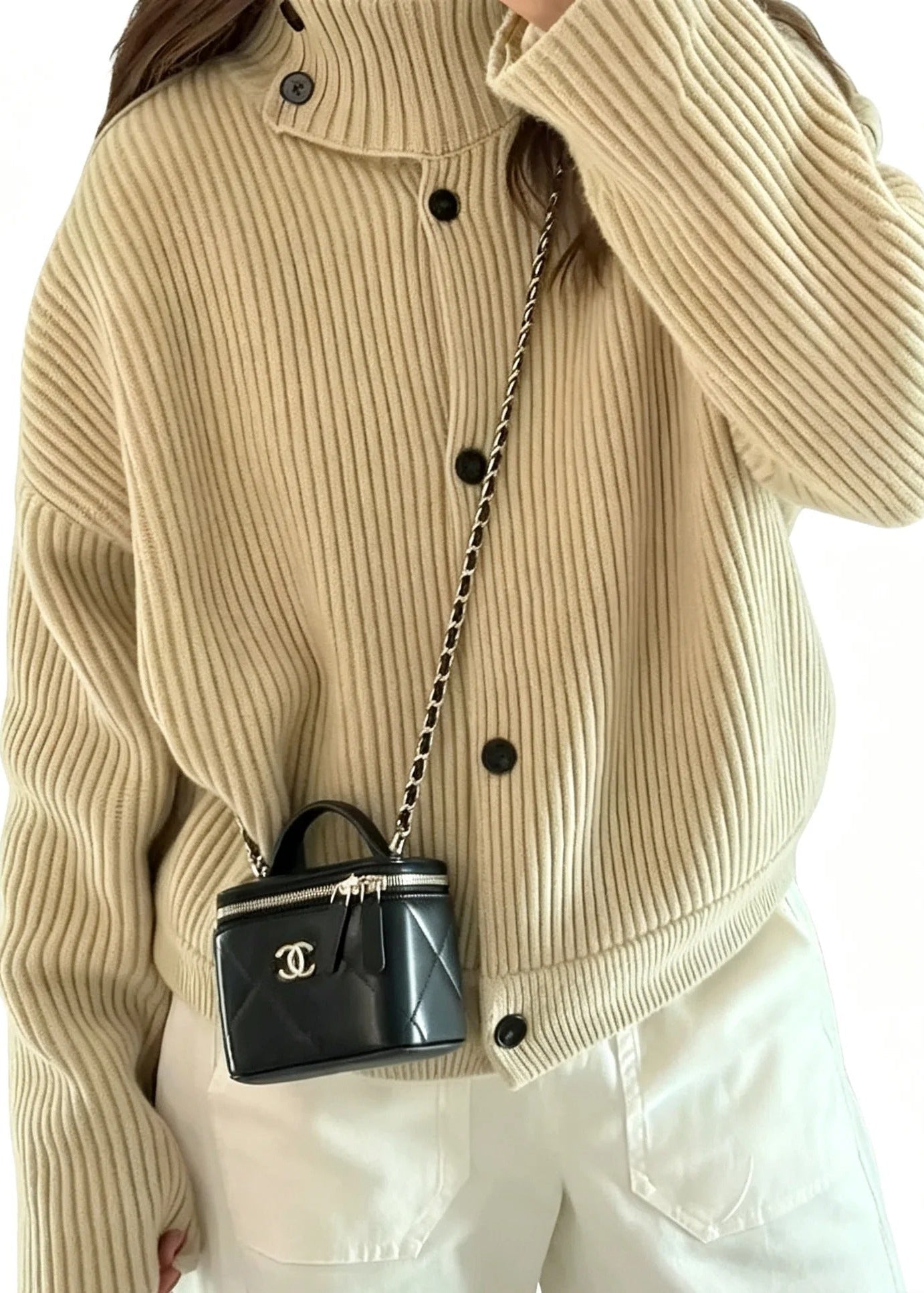 Ribbed Knit Stand Collar Cardigan with Button Front