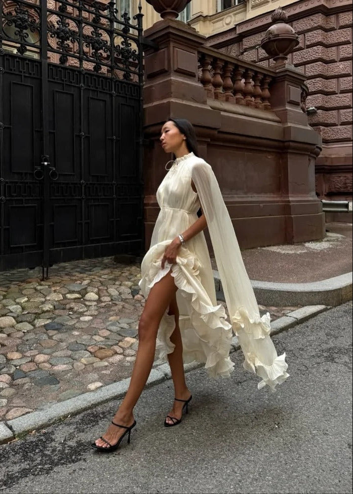 Celestine Ruffle Cape Maxi Dress – Sheer Layered Flowy Elegant Evening Dress