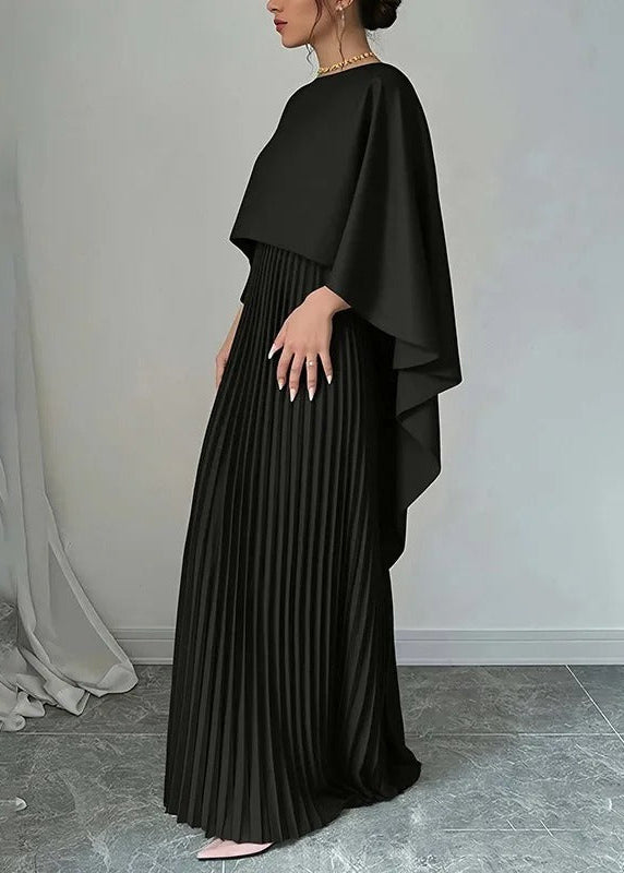 Aurelia Pleated Cape Maxi Dress – Elegant Flowing Evening Gown with Draped Overlay