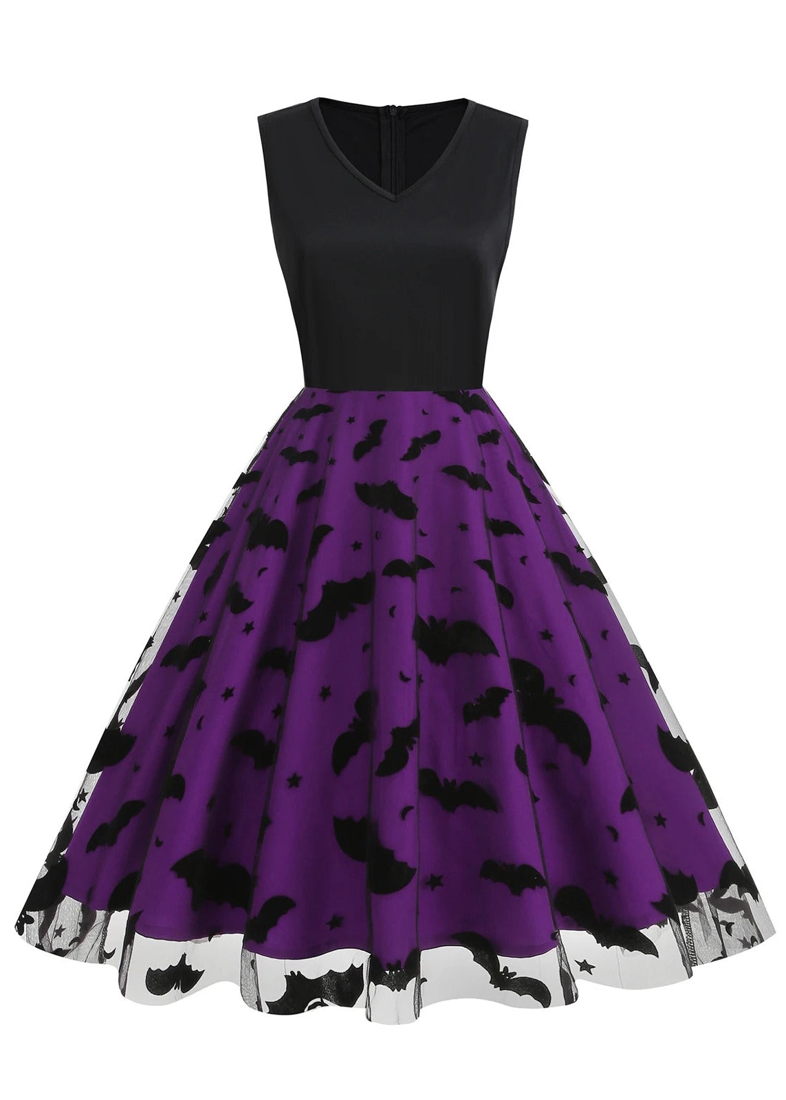 Black & Red Bat Print Halloween Midi Dress with Sheer Overlay
