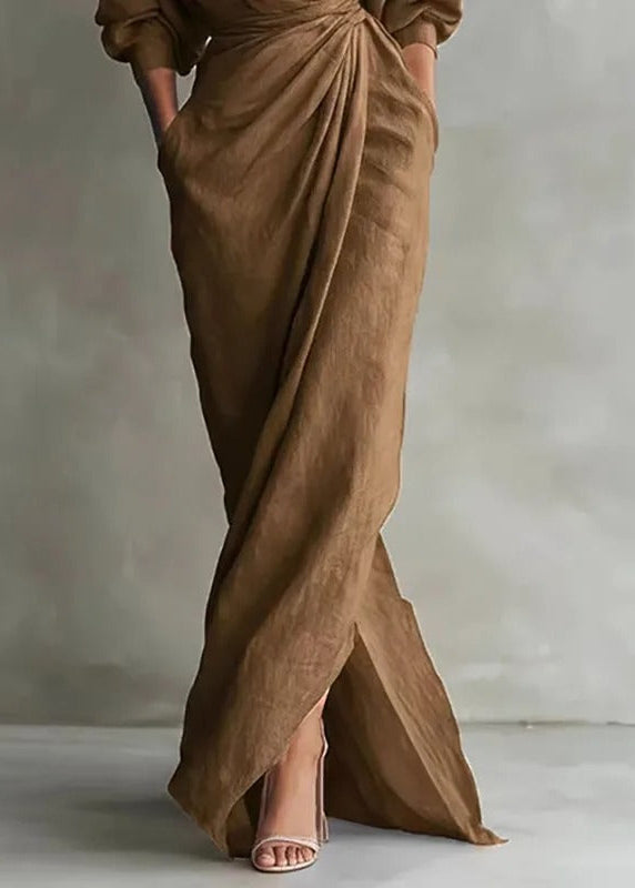 Blush Linen Wrap Maxi Dress – Long Sleeve Elegant Summer Dress