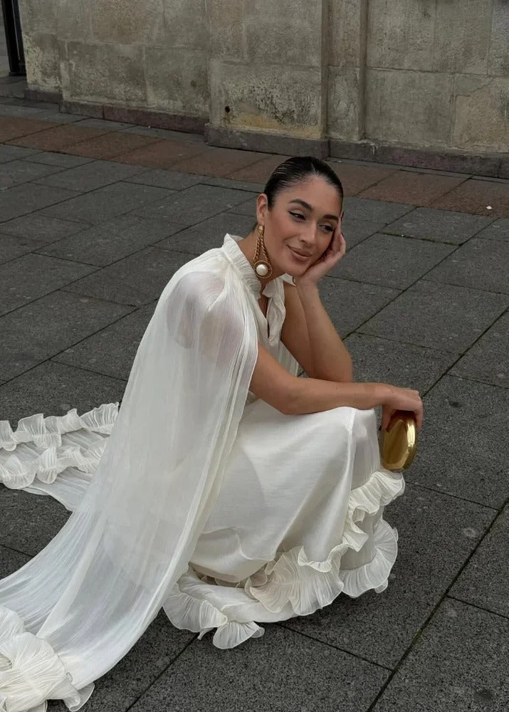 Celestine Ruffle Cape Maxi Dress – Sheer Layered Flowy Elegant Evening Dress