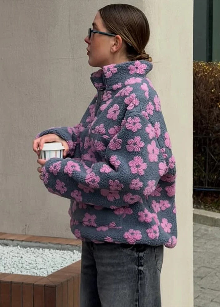Floral Sherpa Half-Zip Pullover Jacket – Cozy Oversized Fleece Top