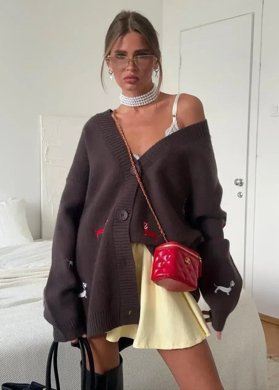 Oversized Brown Dog Embroidered Knit Cardigan