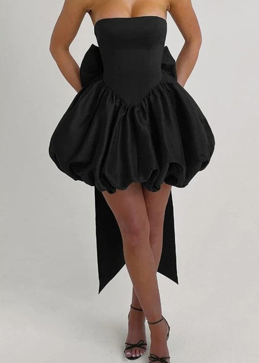 Blush Bow Corset Mini Dress – Strapless Bubble Hem Party Dress