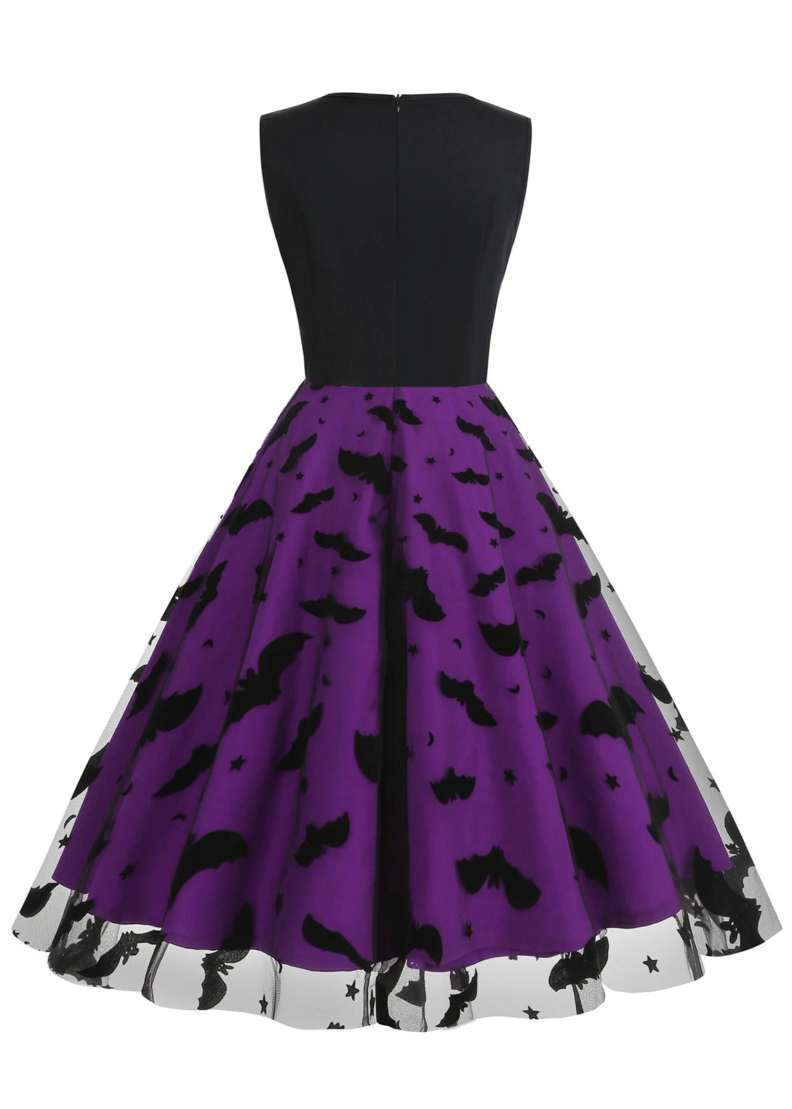 Black & Red Bat Print Halloween Midi Dress with Sheer Overlay