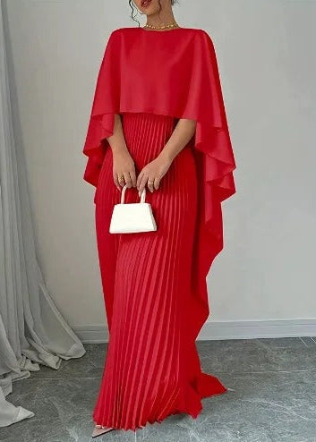 Aurelia Pleated Cape Maxi Dress – Elegant Flowing Evening Gown with Draped Overlay