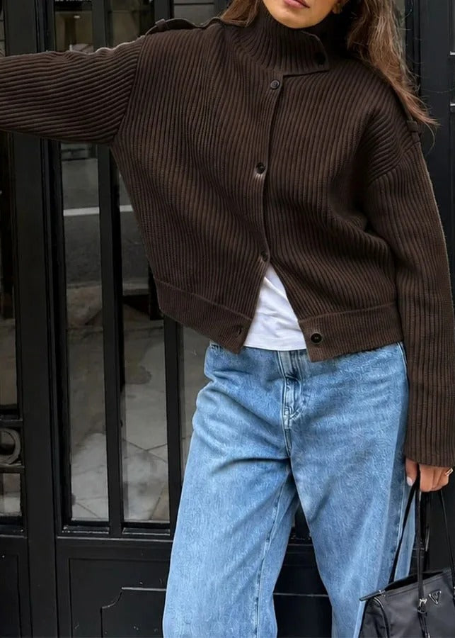 Ribbed Knit Stand Collar Cardigan with Button Front