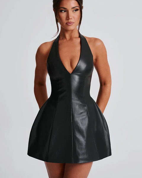 Luxe Noir - V-Neck Leather Halter Mini Dress