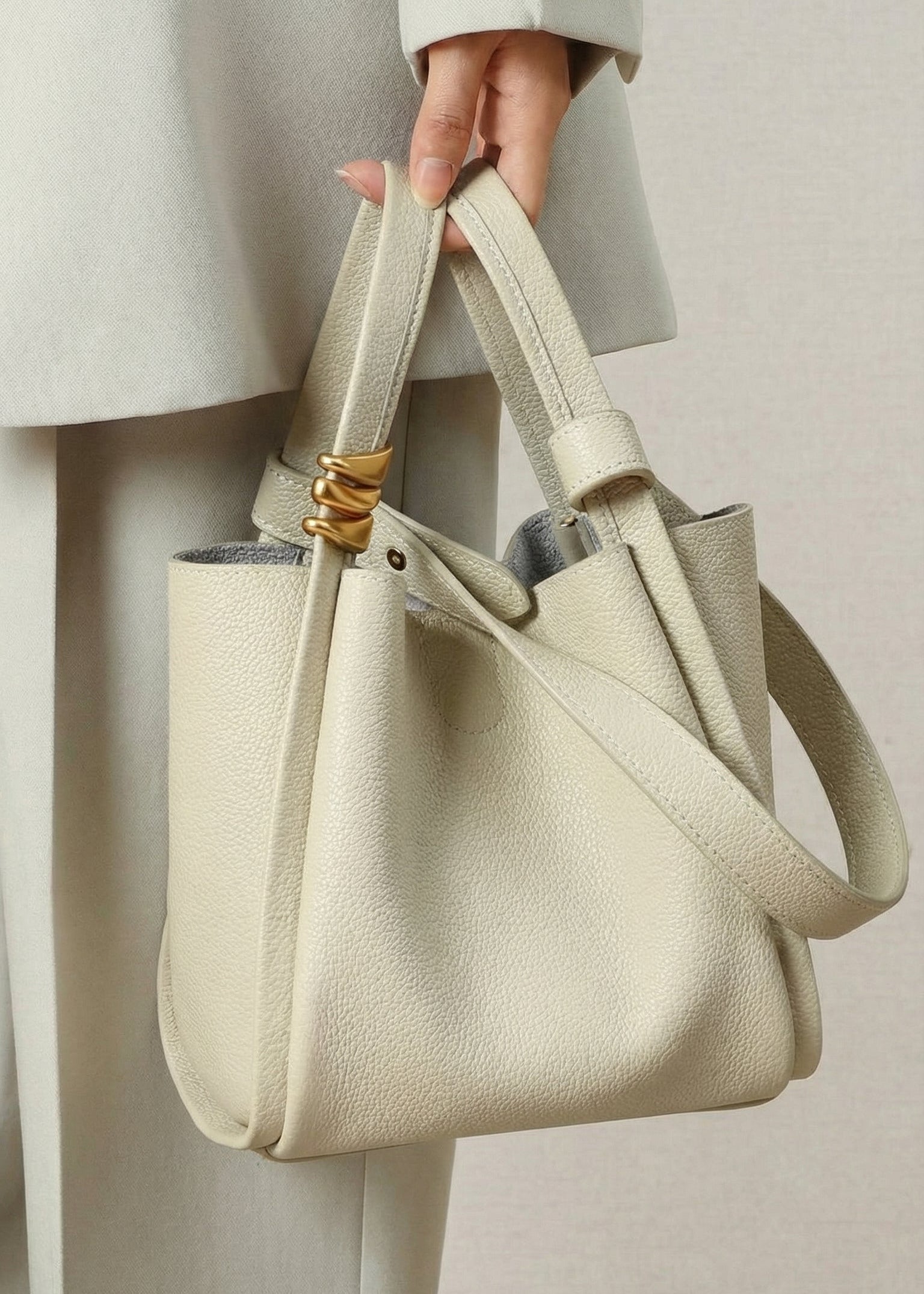 modern bucket tote bag genuine leather minimalist women handbag with gold hardware
