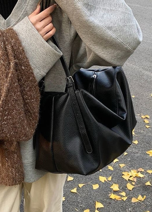 Bolso grande y suave de hombro – Bolso hobo tote de cuero PU negro para mujer