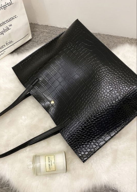 Bolso tote grande de hombro negro de cuero PU con relieve de cocodrilo