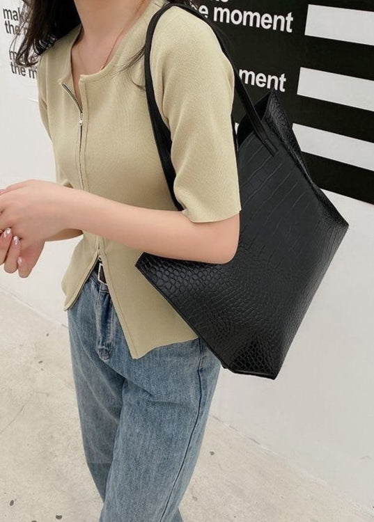 Bolso tote grande de hombro negro de cuero PU con relieve de cocodrilo