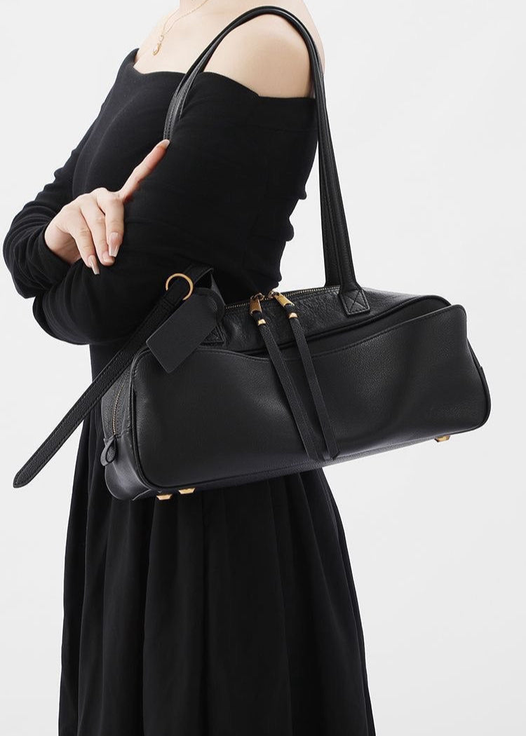 Bolso de hombro estructurado de cuero PU negro – bolso tote rectangular compacto
