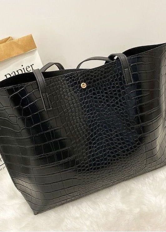 Bolso tote grande de hombro negro de cuero PU con relieve de cocodrilo