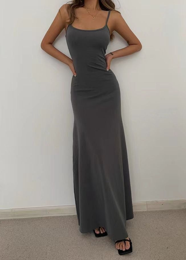 Luna Bodycon Maxi – Charcoal Spaghetti Strap Fitted Dress