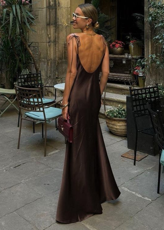 Mocha Satin Backless Maxi Dress – Low-Back Tie-Strap Slip Dress