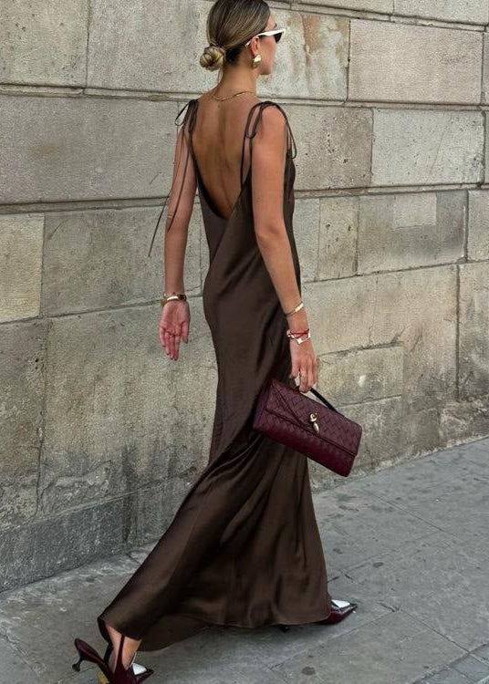 Mocha Satin Backless Maxi Dress – Low-Back Tie-Strap Slip Dress