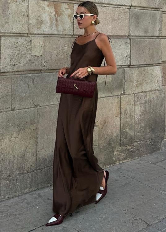 Mocha Satin Backless Maxi Dress – Low-Back Tie-Strap Slip Dress