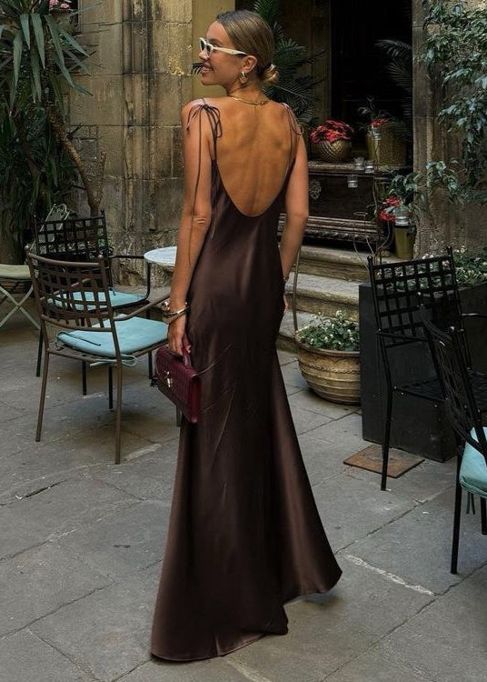 Mocha Satin Backless Maxi Dress – Low-Back Tie-Strap Slip Dress
