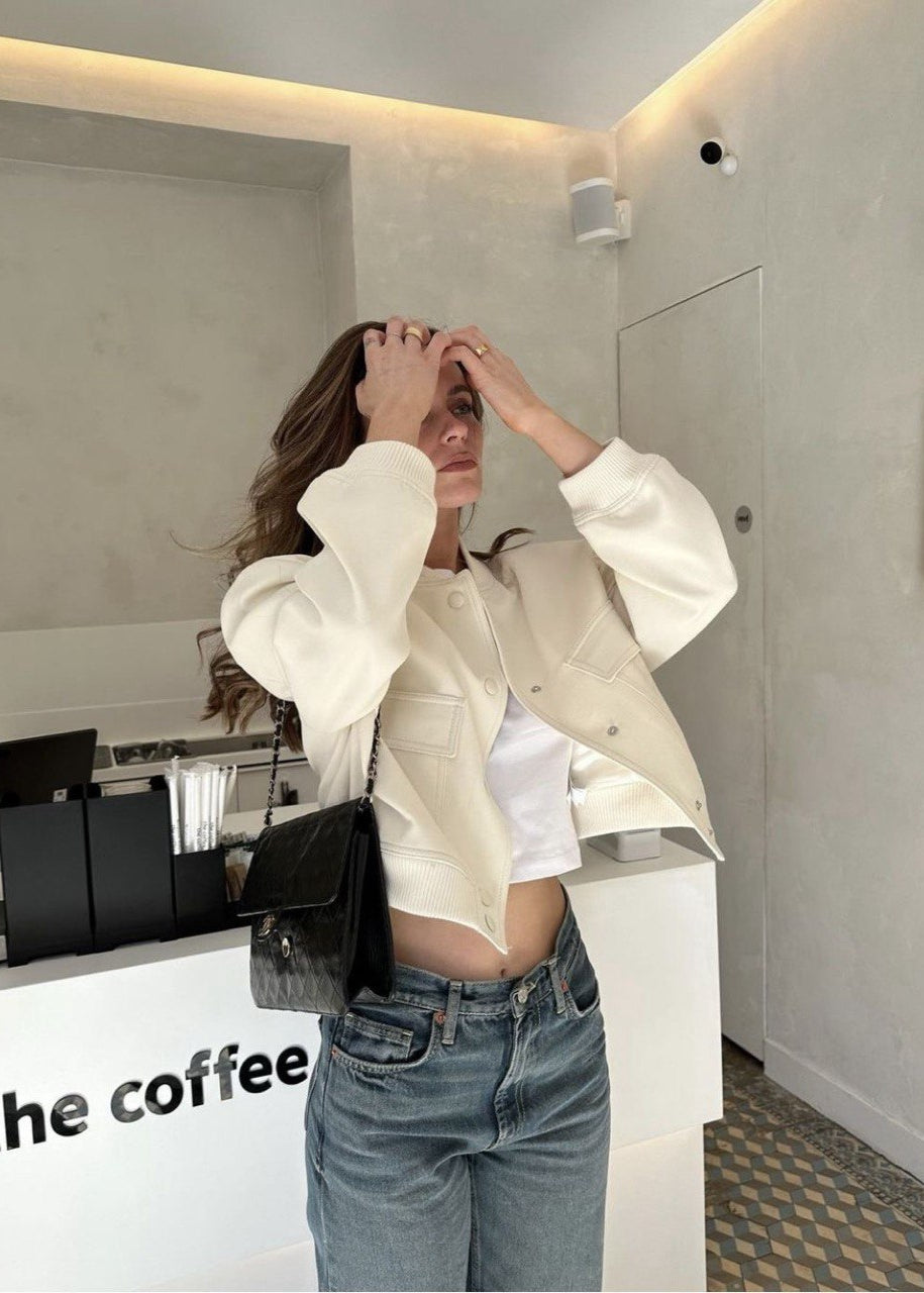 Ivory Frame - Minimalist Cropped Snap Jacket