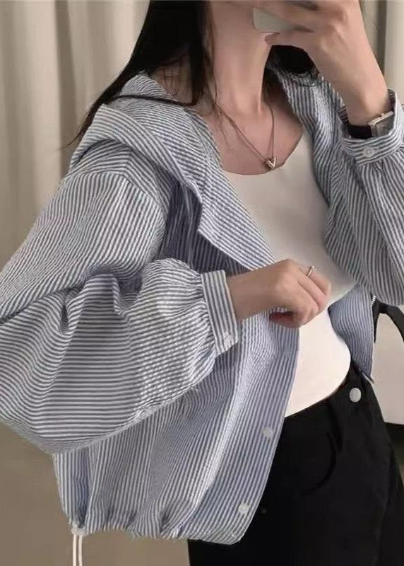 Seaside Stripe Hooded Jacket – Relaxed Button-Up with Drawstring Hem