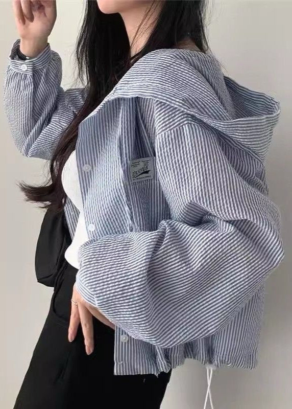 Seaside Stripe Hooded Jacket – Relaxed Button-Up with Drawstring Hem