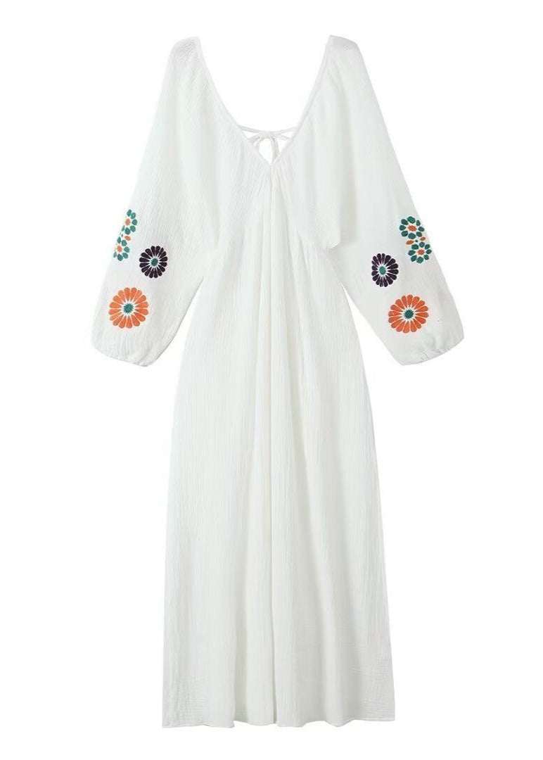 Solana Embroidered Maxi Dress – Boho Open-Back with Balloon Sleeves