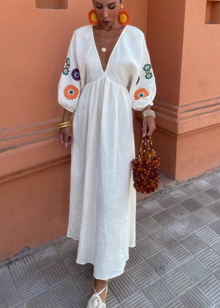 Solana Embroidered Maxi Dress – Boho Open-Back with Balloon Sleeves