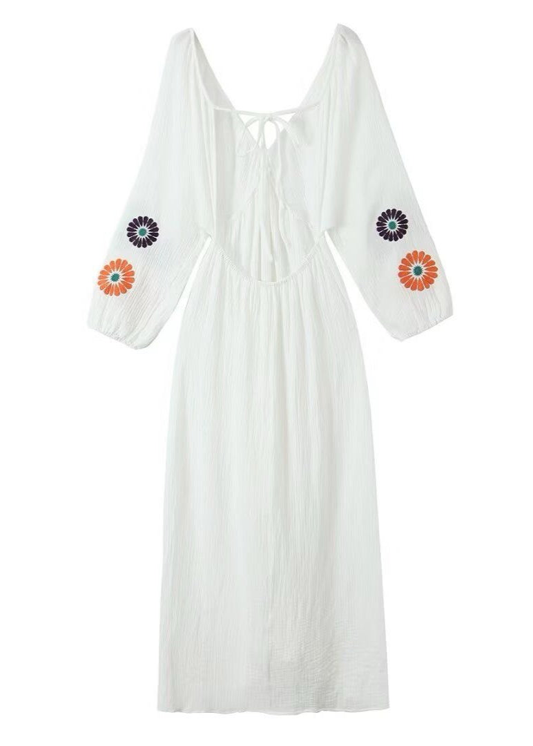 Solana Embroidered Maxi Dress – Boho Open-Back with Balloon Sleeves