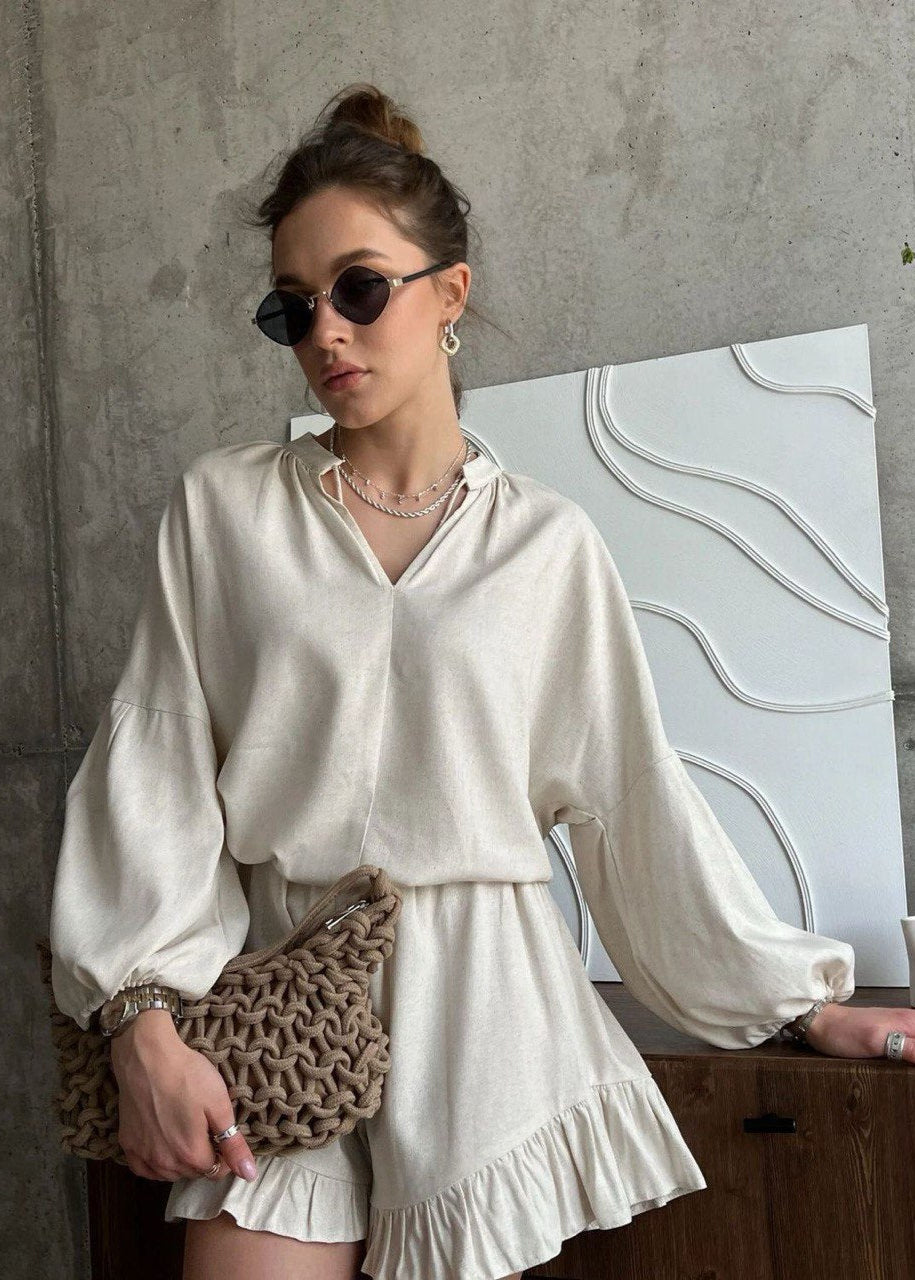 Isla Cotton Lounge Set – White Long Sleeve Top & Ruffled Shorts