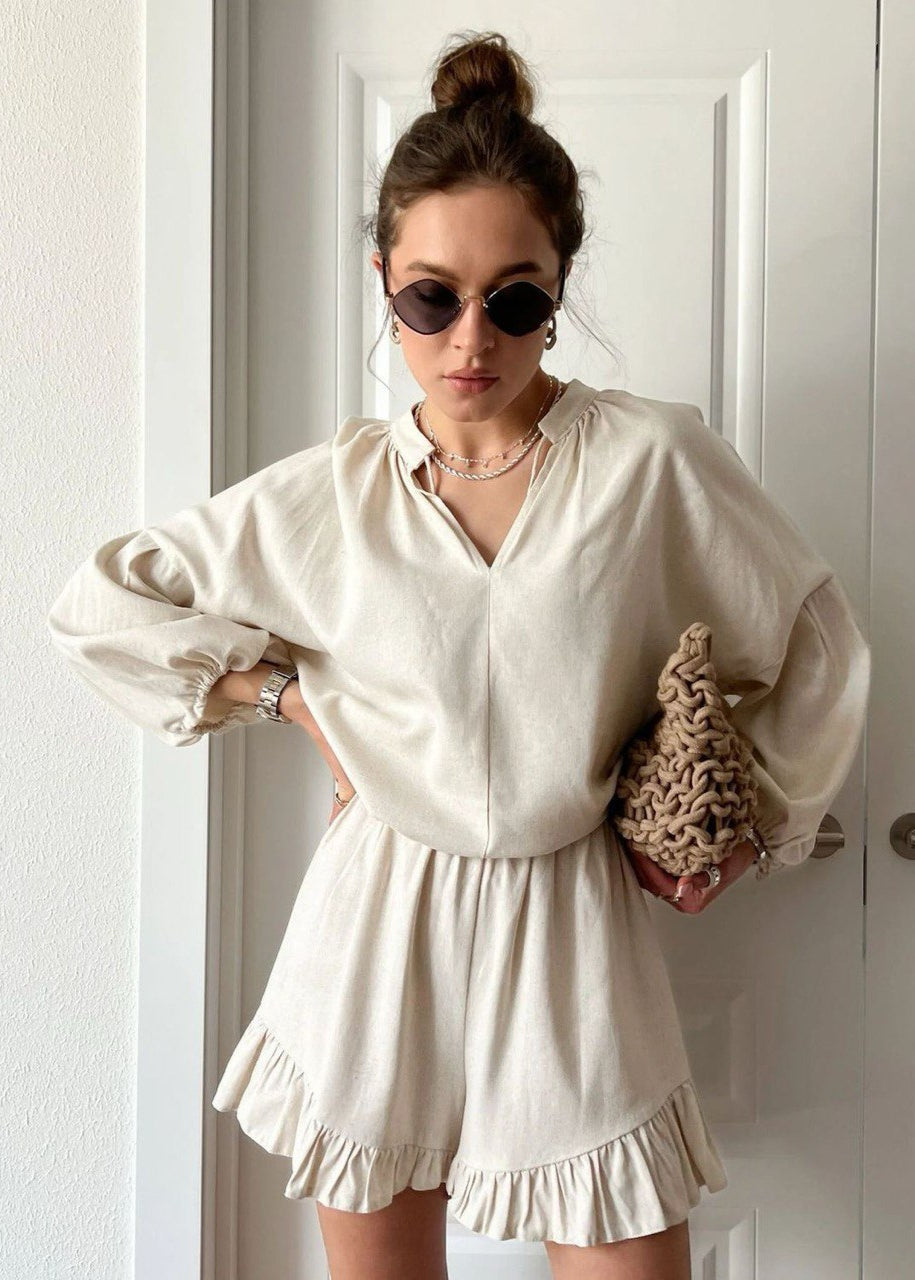 Isla Cotton Lounge Set – White Long Sleeve Top & Ruffled Shorts