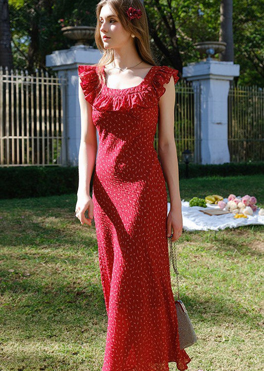 Lucienne - Red Ruffled Sleeveless Maxi Dress