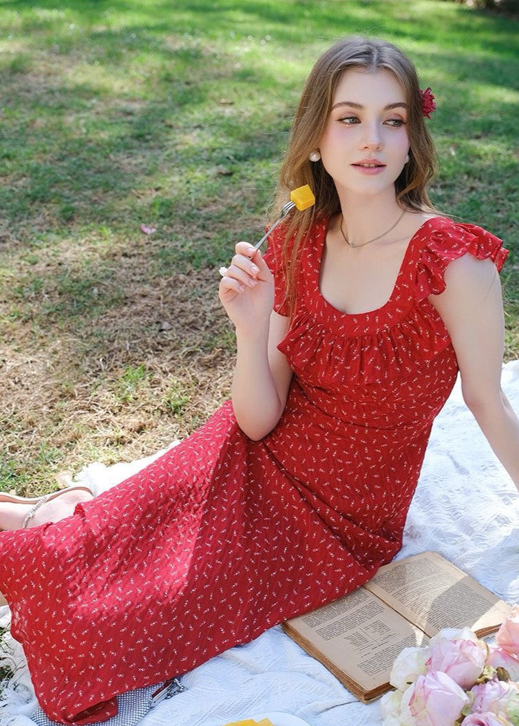 Lucienne - Red Ruffled Sleeveless Maxi Dress