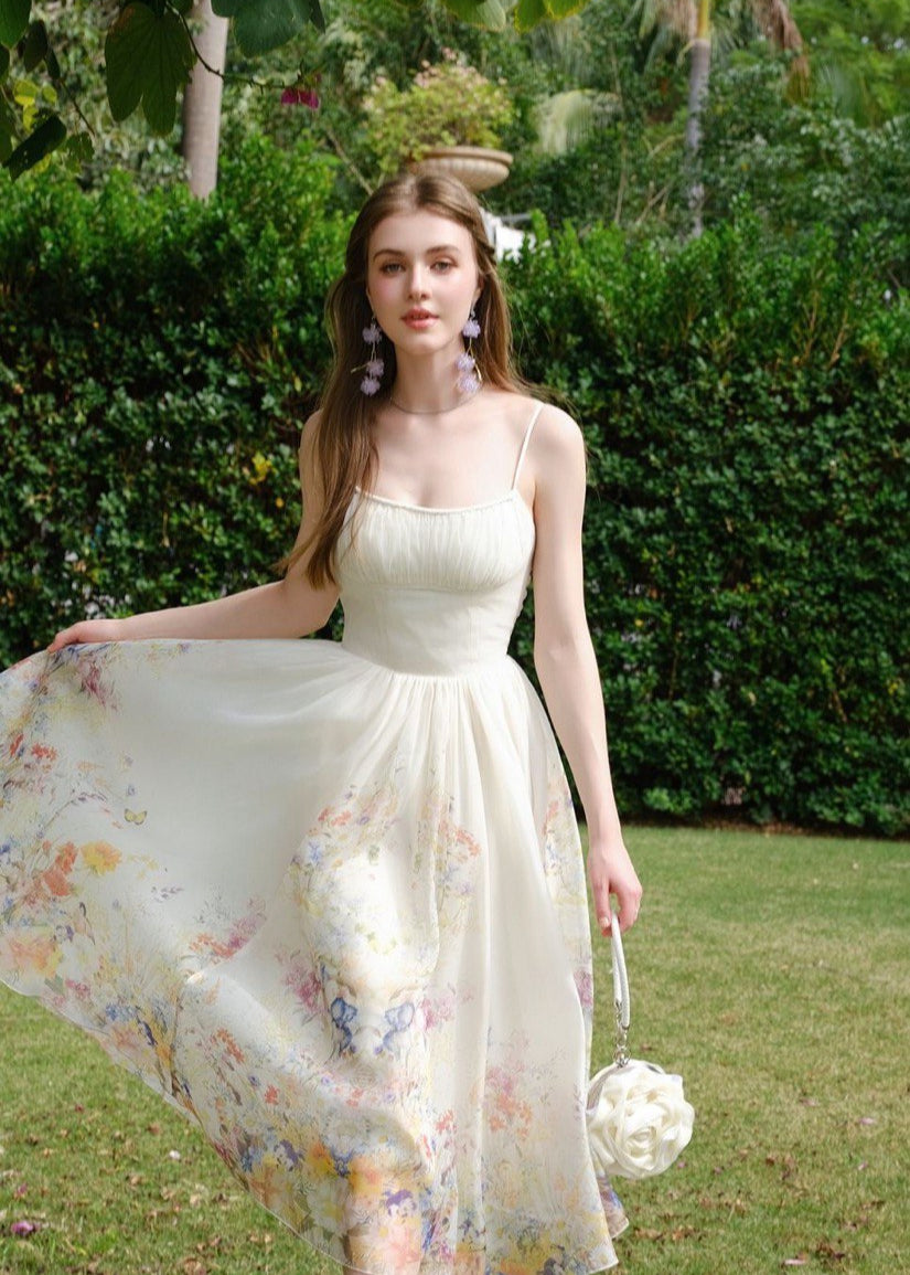Evelyn - Floral Chiffon Midi Dress with Spaghetti Straps