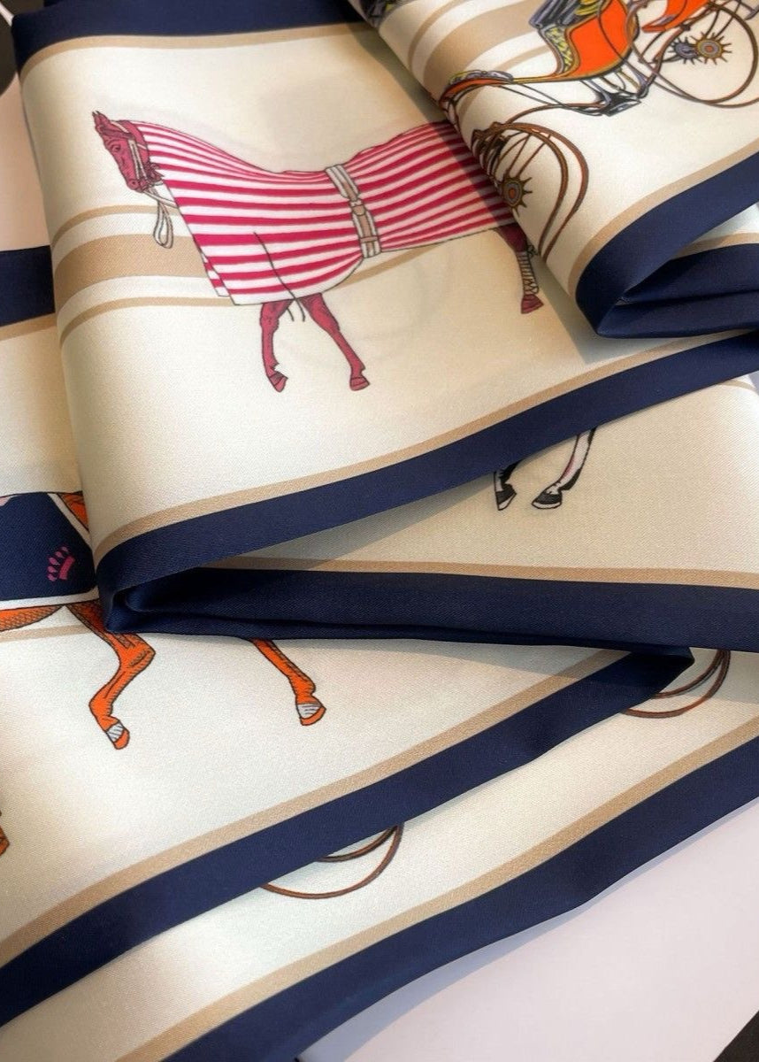 Echelon Silk Neck Scarf – Printed Horse & Carriage Ribbon 147×14cm