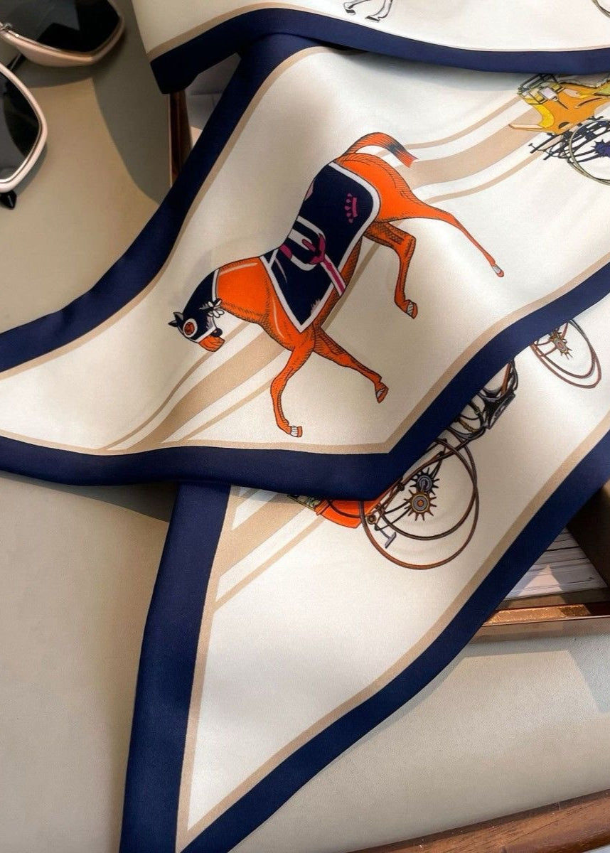 Echelon Silk Neck Scarf – Printed Horse & Carriage Ribbon 147×14cm
