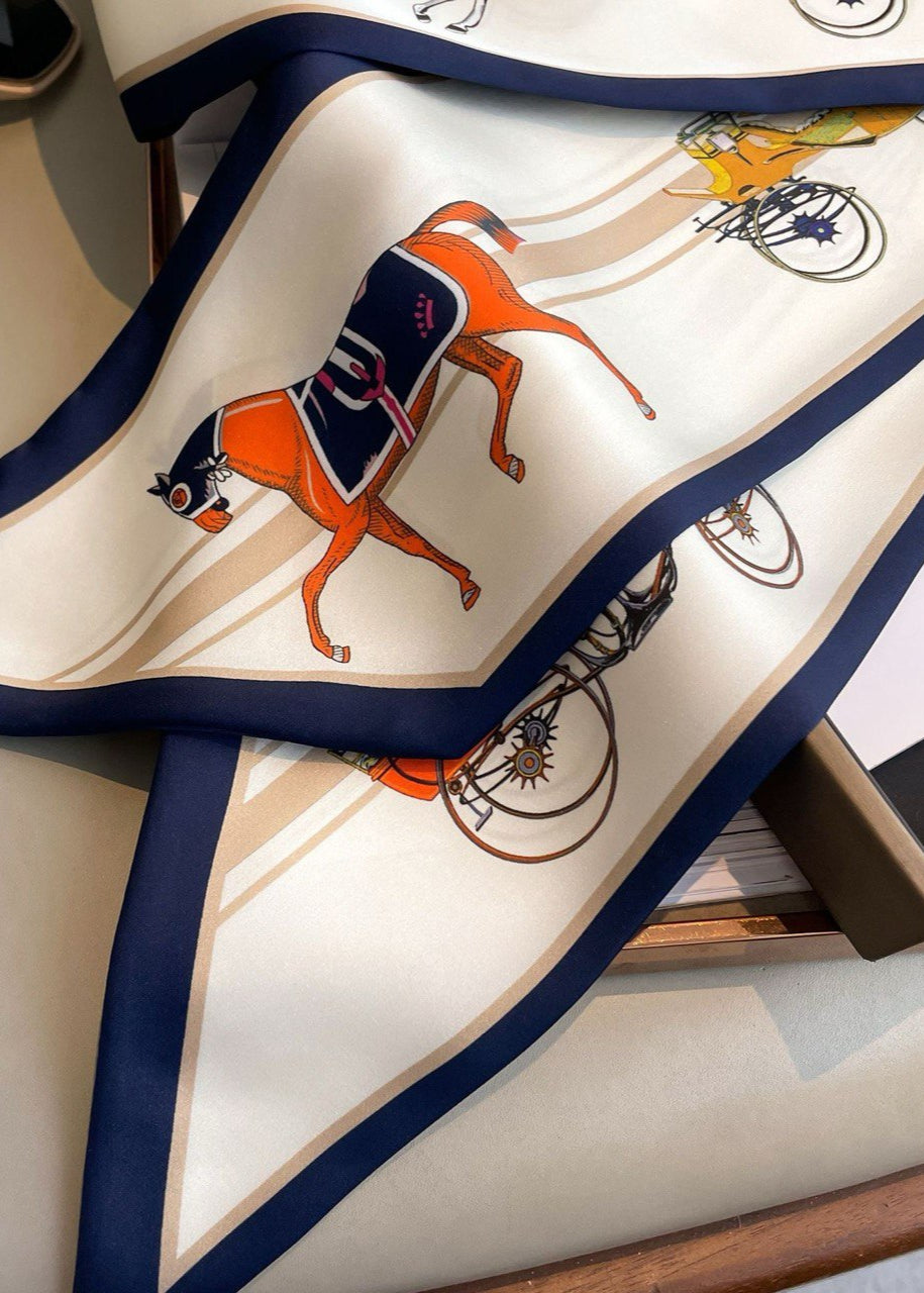 Echelon Silk Neck Scarf – Printed Horse & Carriage Ribbon 147×14cm
