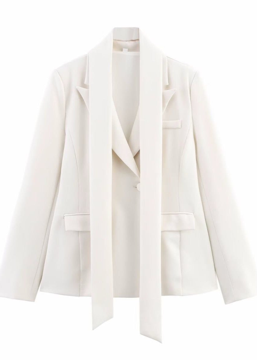 Sculpted Satin Blazer - White Tailored Jacket with Neck Sash