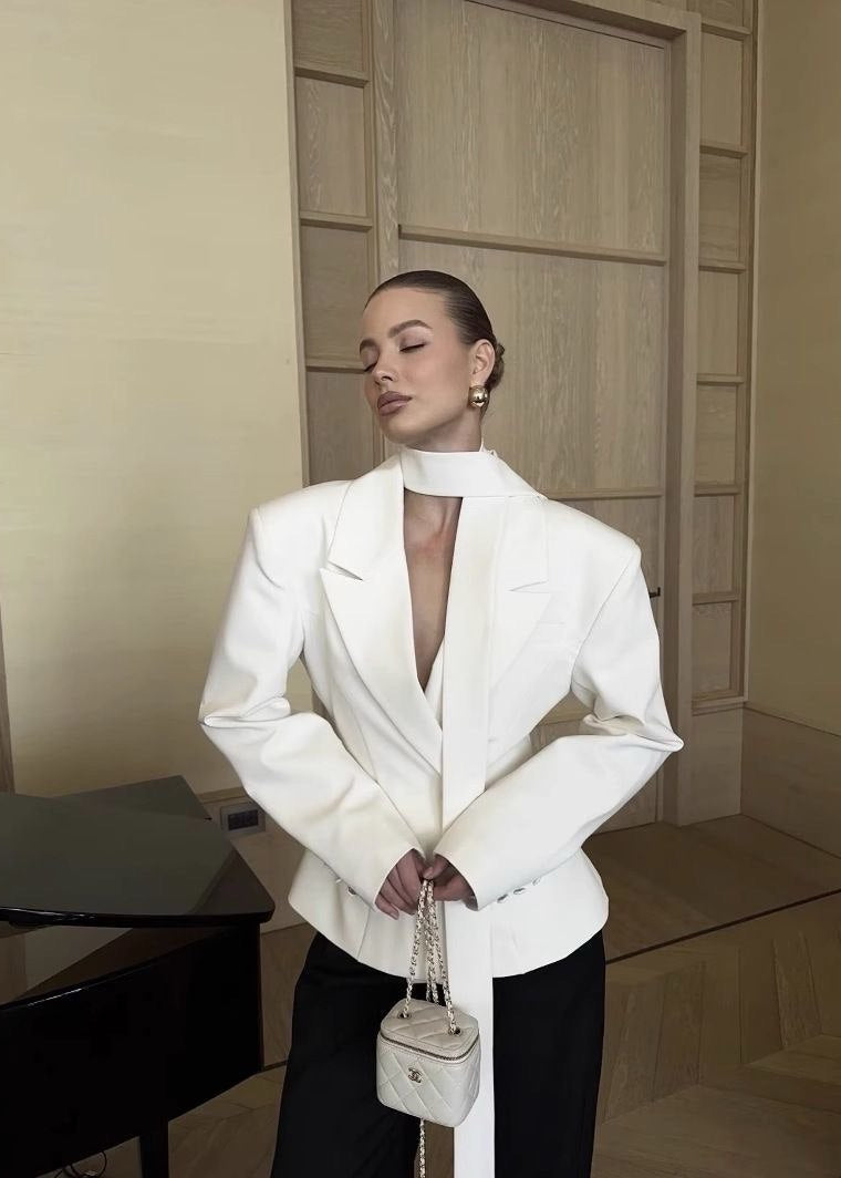 Sculpted Satin Blazer - White Tailored Jacket with Neck Sash
