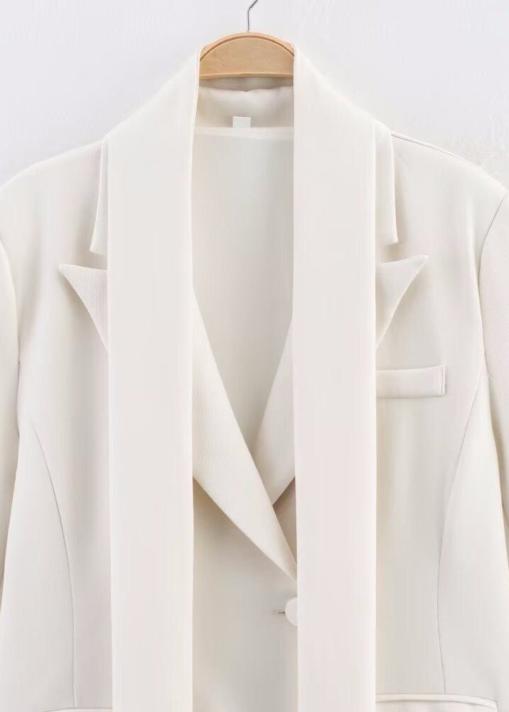 Sculpted Satin Blazer - White Tailored Jacket with Neck Sash