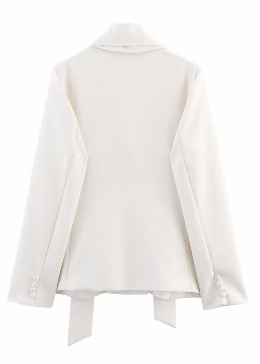 Sculpted Satin Blazer - White Tailored Jacket with Neck Sash