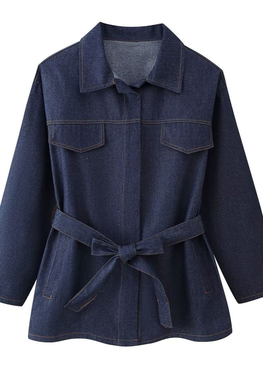 Conjunto de mezclilla índigo estructurada – chaqueta oversized con cinturón y pantalones de pierna recta